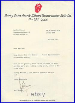 Bill Wyman Signed Letter 1982 Rolling Stones Records Letterhead Beckett Rare