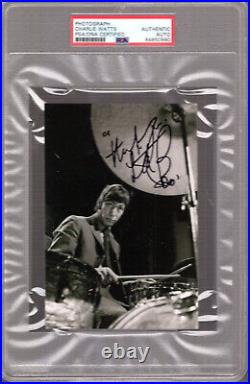 CHARLIE WATTS HAND SIGNED 4x6 PHOTO ROLLING STONES DRUMMER PSA SLABBED