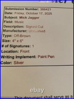 MICK JAGGER HAND SIGNED 4x6 CUT SIGNATURE ROLLING STONES SINGER JSA LOA