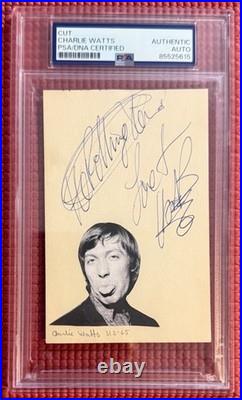 PSA/DNA slabbed & signed ROLLING STONES x3 autographed CUTS Jagger, Watts, Wyman