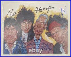 Rolling Stones Signed Caricature Photo Jagger, Richards, Wood, Watts COA
