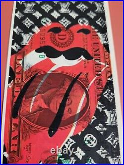 U. S 1 dollar bill Real Pop Art Original Signed Death NYC. Rolling Stones Lips